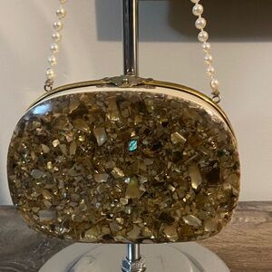 Rare Vintage Bakelite Shell Chip Confetti Minaudiere Gold Mini Bag Pearl Strap